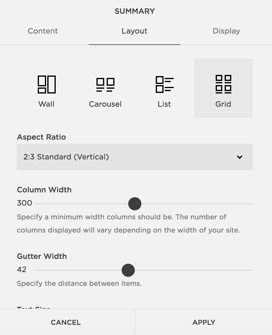 Summary block layout settings for blog on SquareSpace