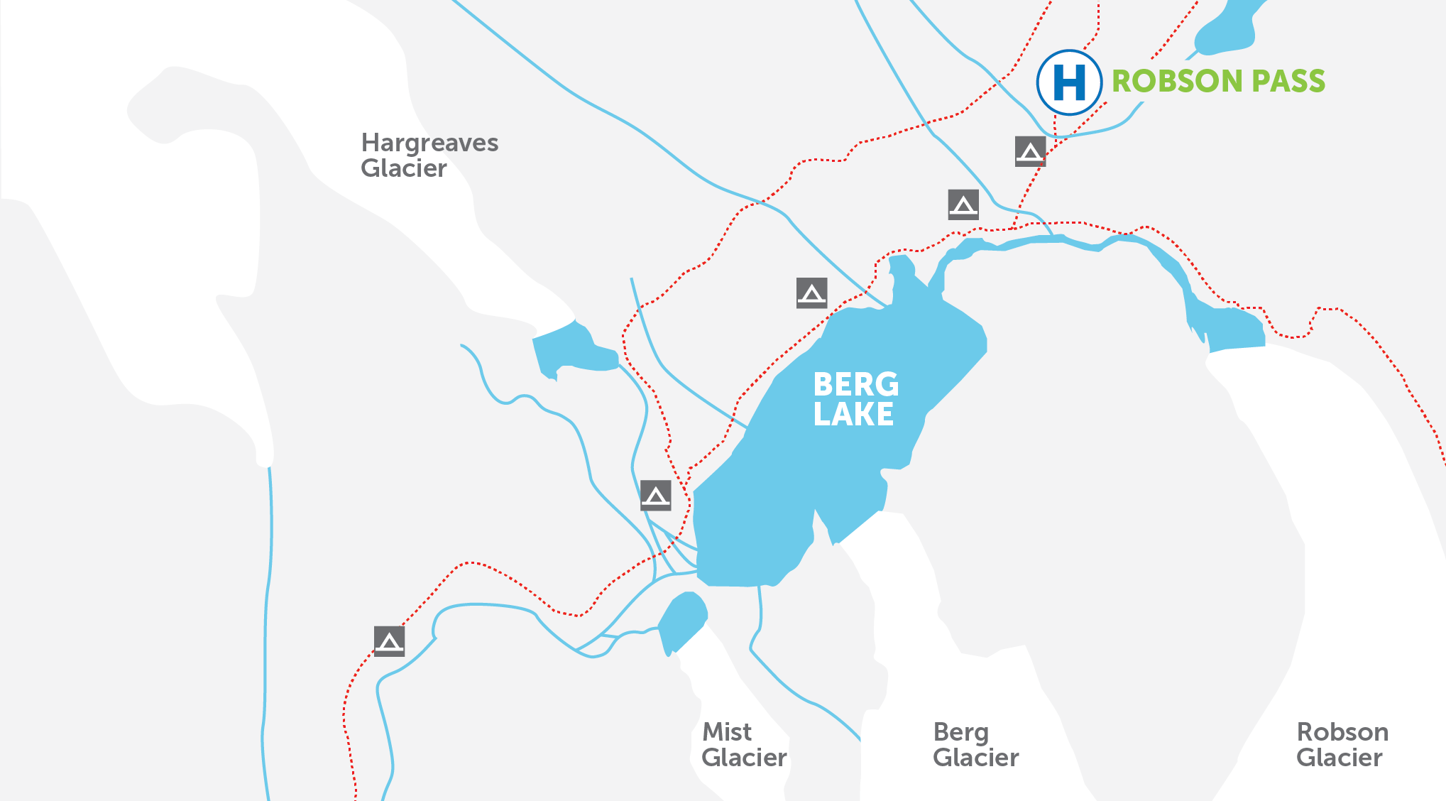 Diagram of the Berg Lake trail map showing locations of camping spots, hiking trails and glacier locations.