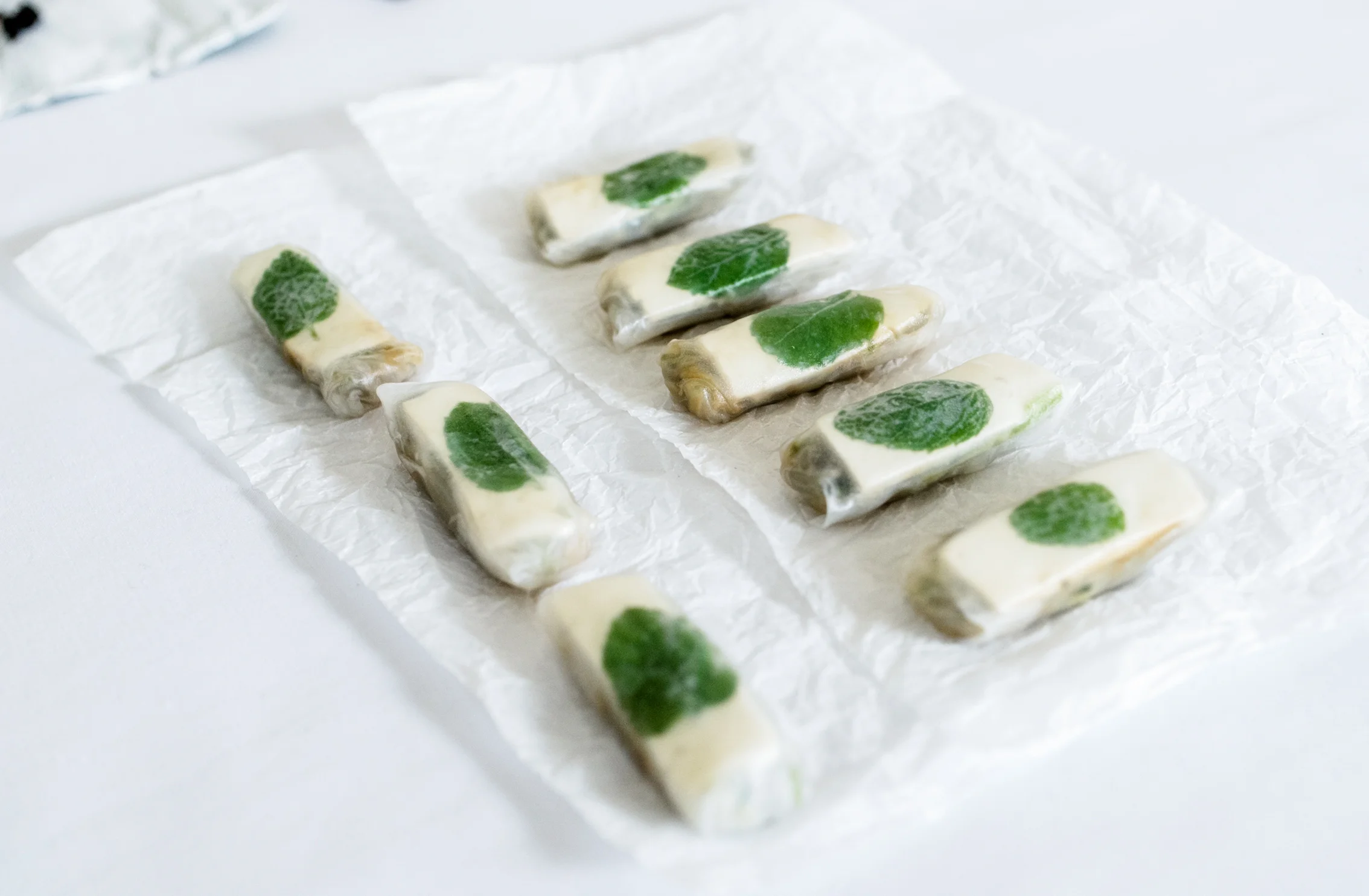 Fresh Spring Rolls with Green Mugwort Soba Noodles cooked in Mugwort, Tofu, Sugarsnaps, Mint. Sapour Somnia, 2017. Edible installation in collaboration with Maya Merhi. The Dream Society group show at Salong Odengatan, Stockholm. Photo by Ari Luostarinen.