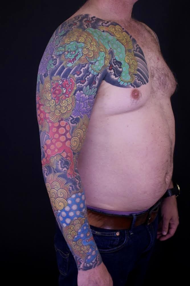 Fu Dog and peony sleeve 