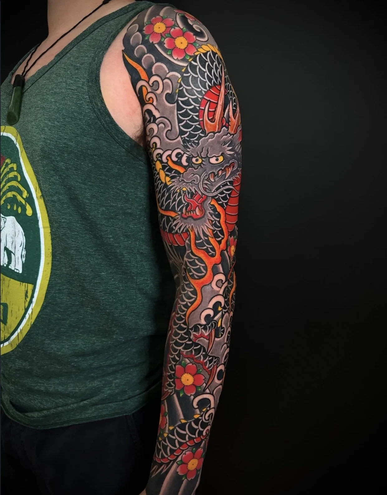 Japanese arm sleeve tattoo with dragon
