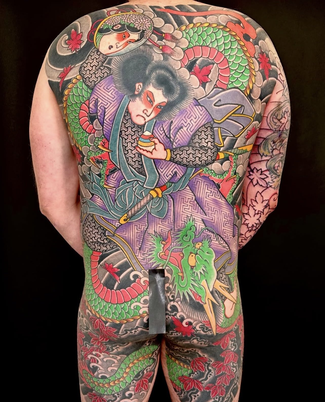 Japanese back piece with Samurai and Dragon