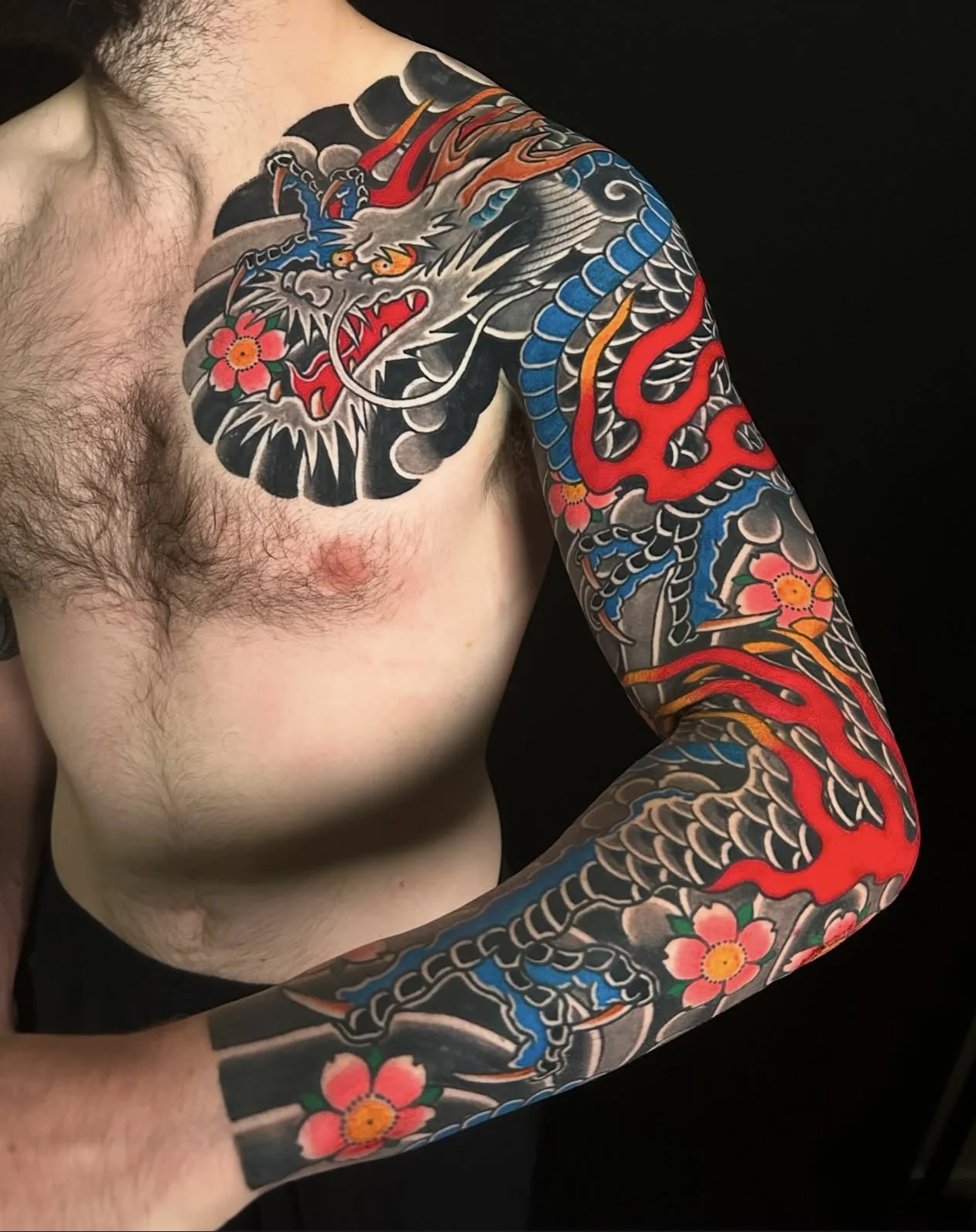 Japanese arm sleeve with dragon and sakura