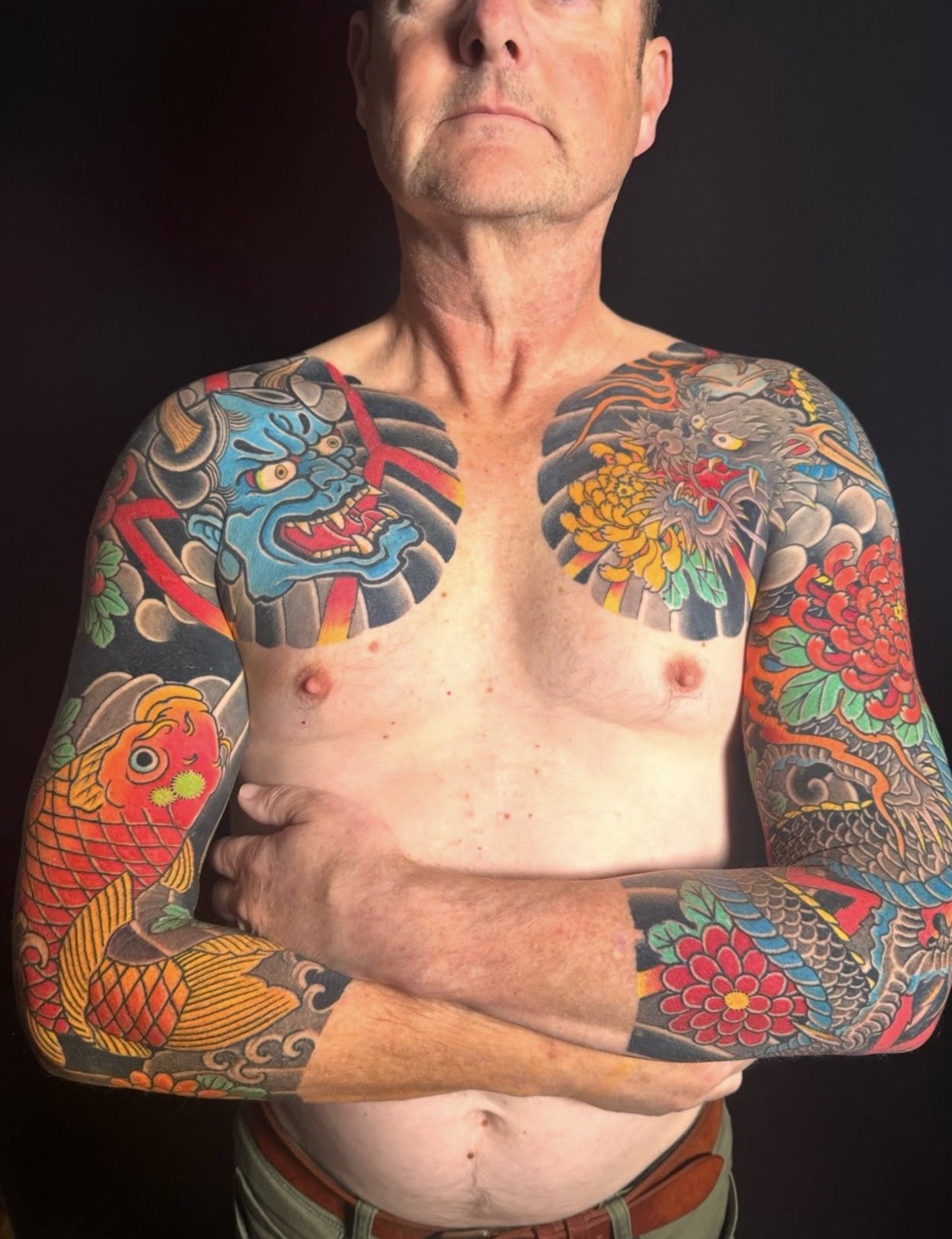 Japanese Dragon, Koi and Hannya Arm Sleeve Tattoo