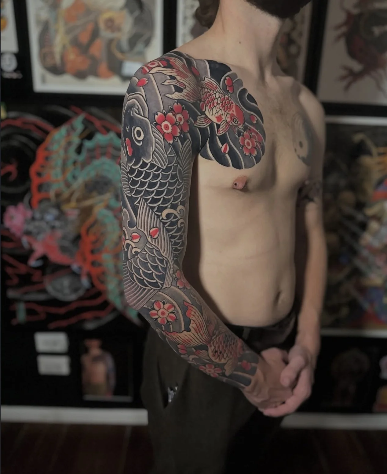 Japanese KoiArm Sleeve Tattoo by TomTom at Sunset Tattoo in Auckland, New Zealand