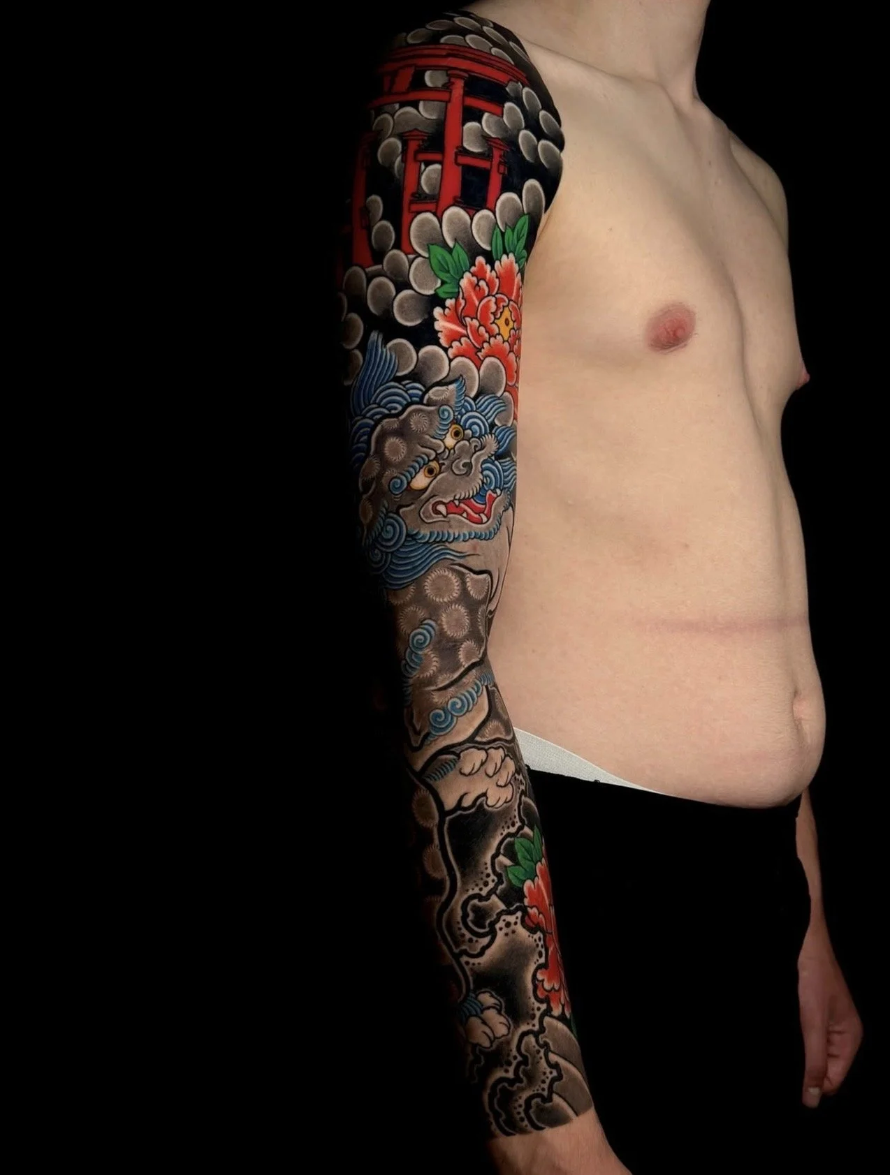 Fu Dog Japanese Arm Sleeve Tattoo by TomTom at Sunset Tattoo in Auckland, New Zealand