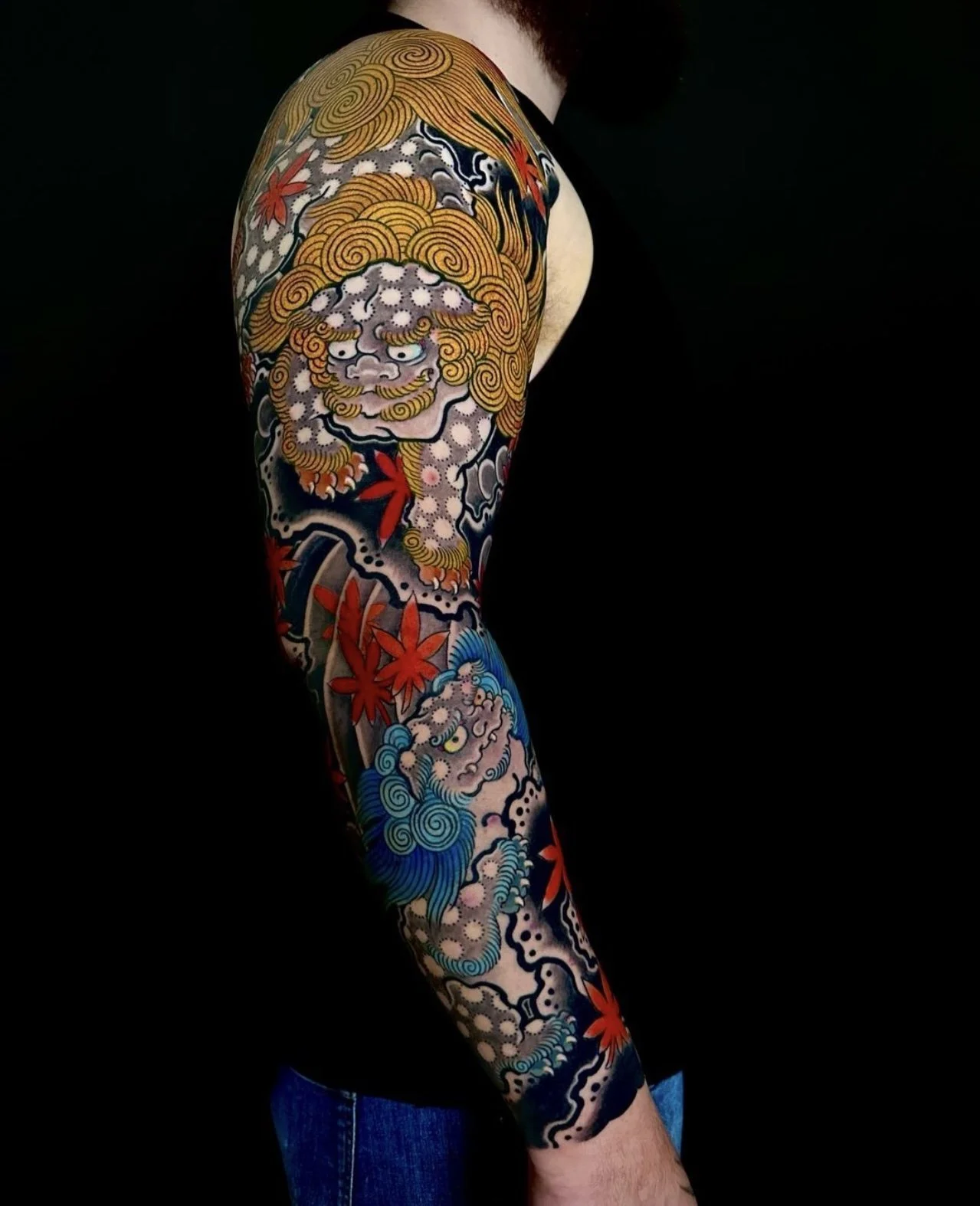 Japanese Fu Dog Arm Sleeve Tattoo by TomTom at Sunset Tattoo in Auckland, New Zealand