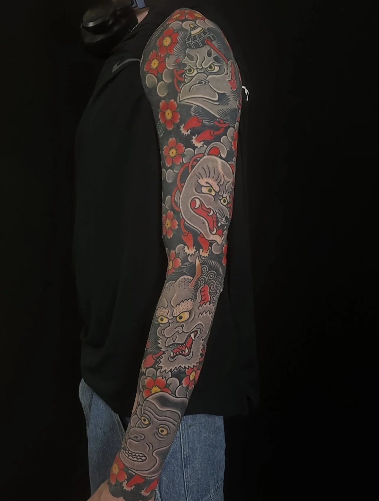 Japanese Mask Arm Sleeve Tattoo by TomTom at Sunset Tattoo in Auckland, New Zealand