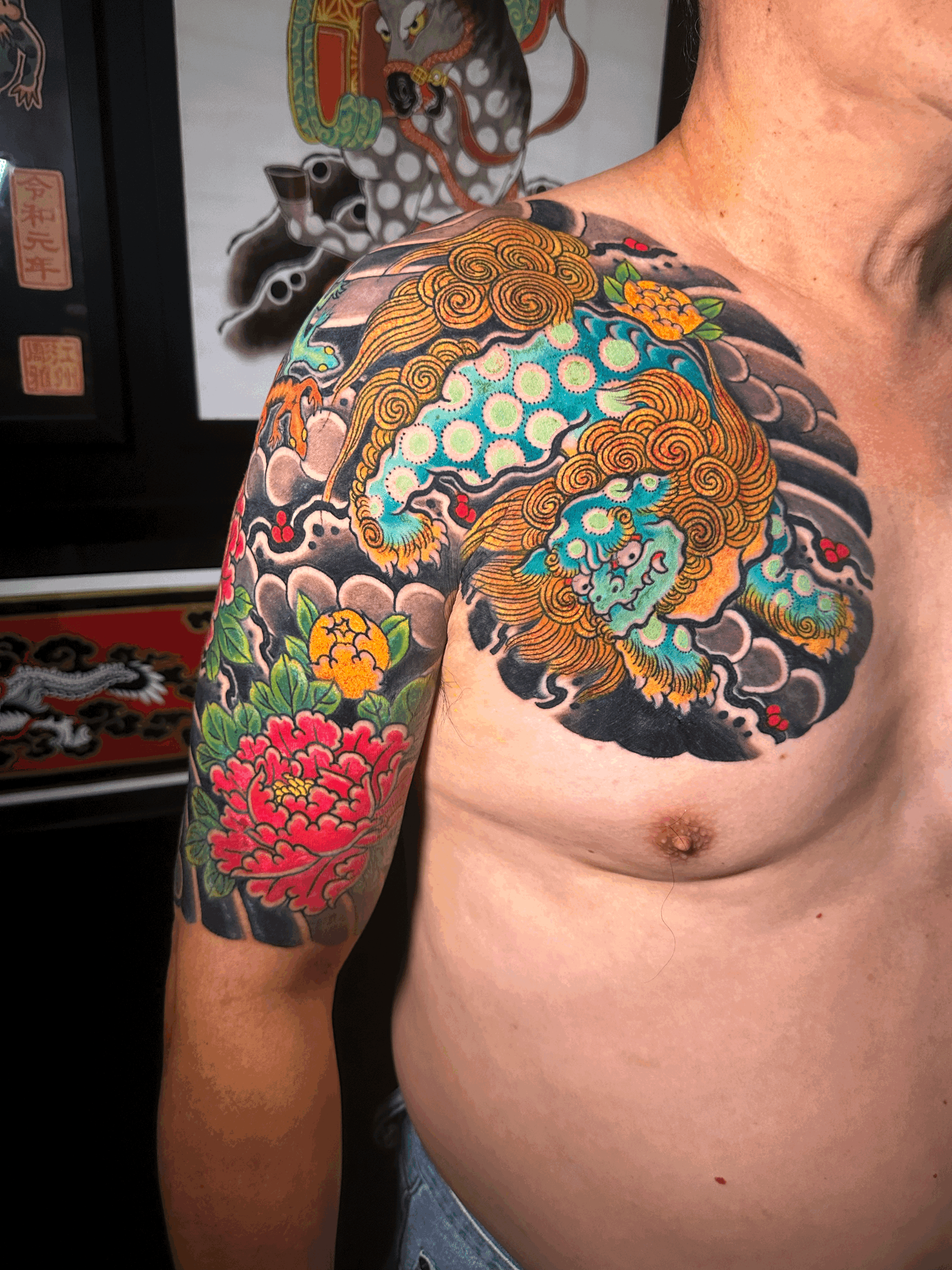 Japanese Fu Dog Arm Sleeve Tattoo by TomTom at Sunset Tattoo in Auckland, New Zealand