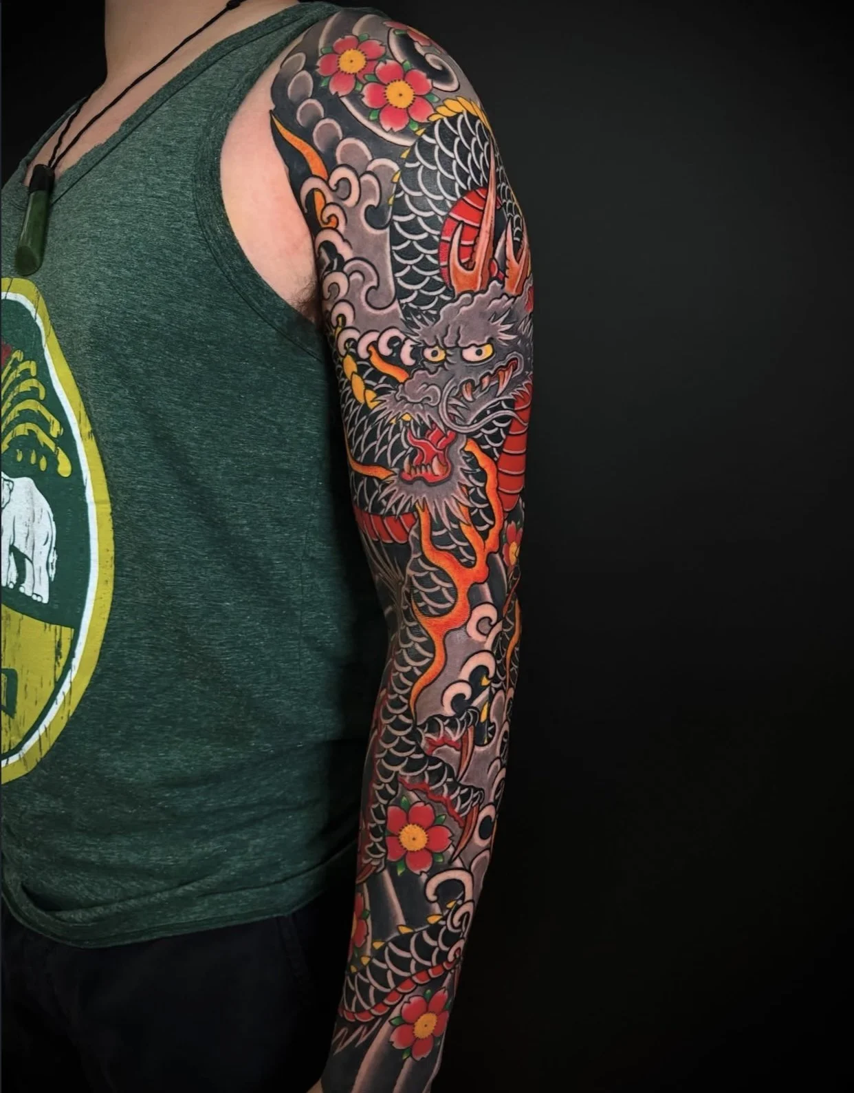 Dragon Japanese Arm Sleeve Tattoo by TomTom at Sunset Tattoo in Auckland, New Zealand