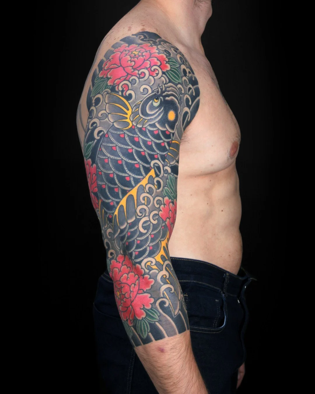 Japanese Koi Arm Sleeve Tattoo by TomTom at Sunset Tattoo in Auckland, New Zealand