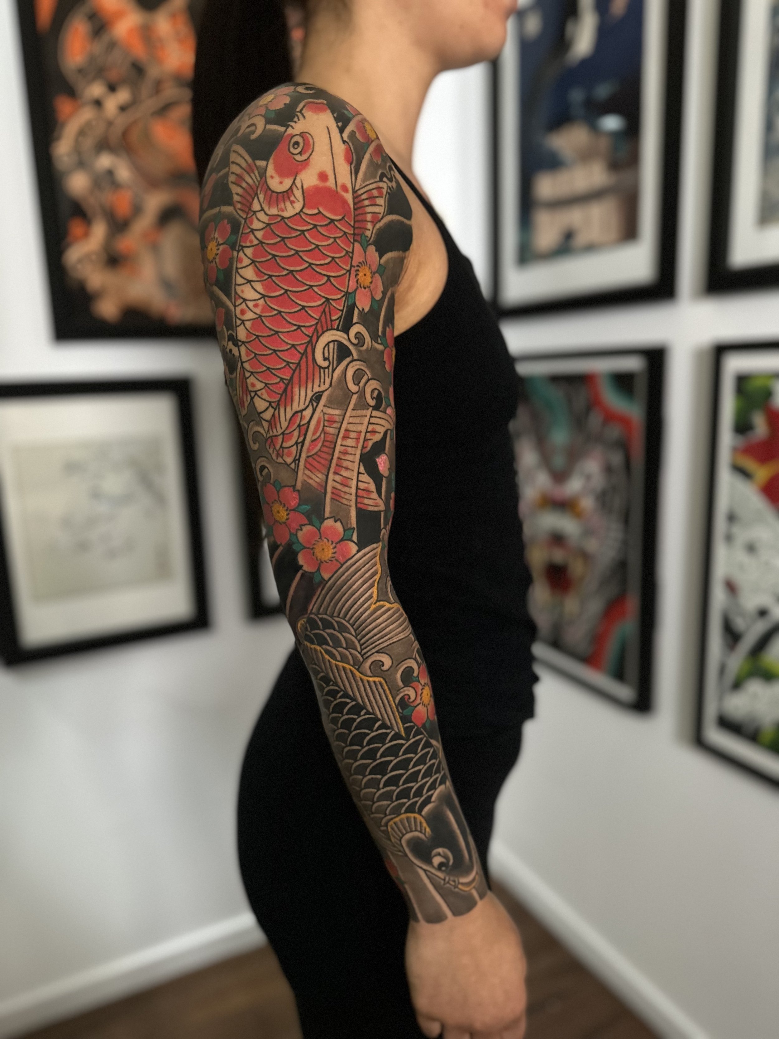 Japanese Koi Arm Sleeve Tattoo by TomTom at Sunset Tattoo in Auckland, New Zealand