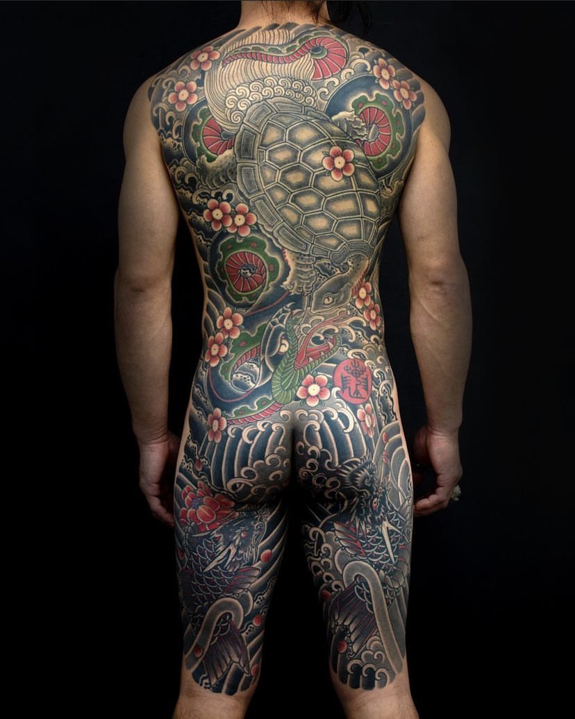 Snake and Turtle Japanese Back Tattoo by TomTom at Sunset Tattoo in Auckland, New Zealand