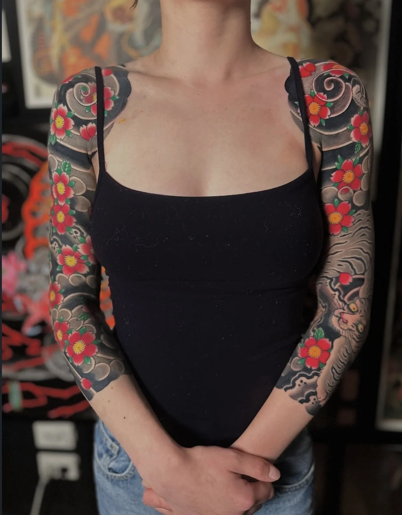 Japanese Tiger and Sakura Arm Sleeve Tattoo by TomTom at Sunset Tattoo in Auckland, New Zealand