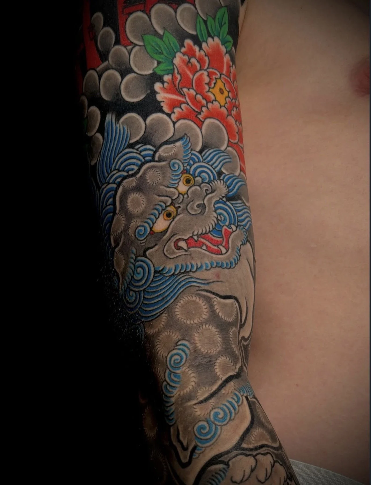 Fu Dog Japanese Arm Sleeve Tattoo by TomTom at Sunset Tattoo in Auckland, New Zealand