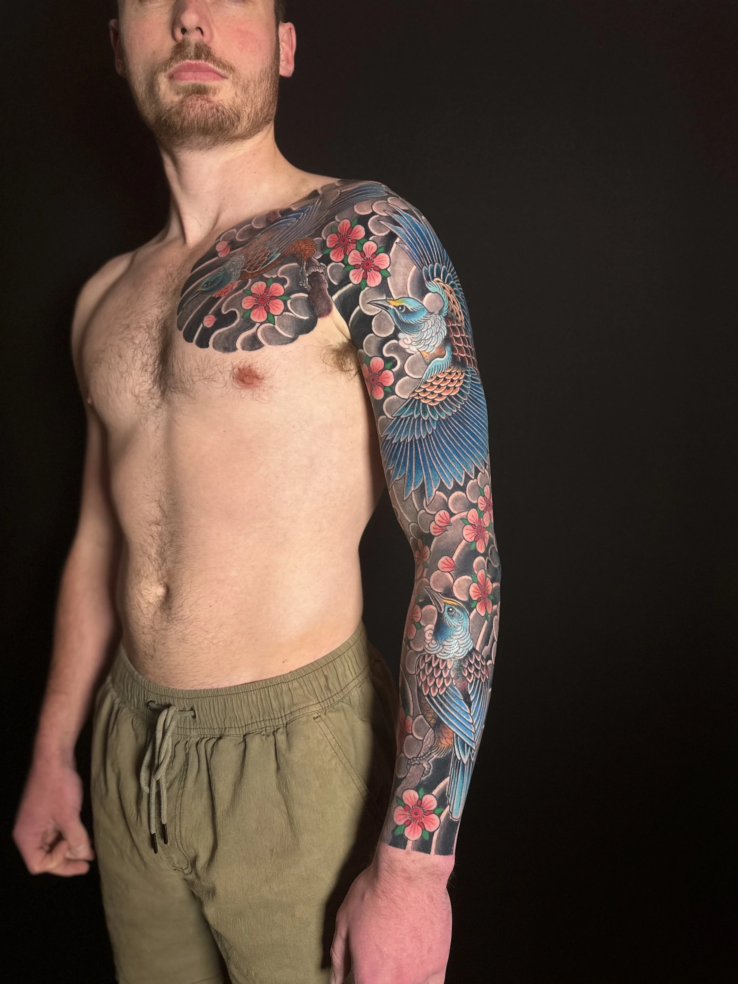 Japanese Tui Arm Sleeve Tattoo by TomTom at Sunset Tattoo in Auckland, New Zealand