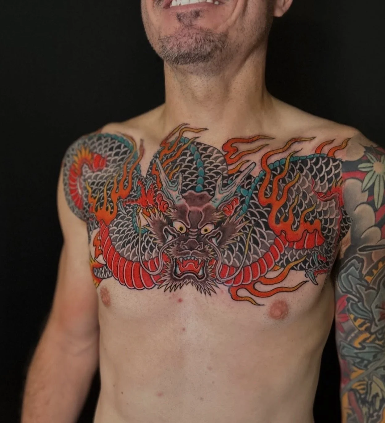 Dragon Japanese Chest Tattoo by TomTom at Sunset Tattoo in Auckland, New Zealand