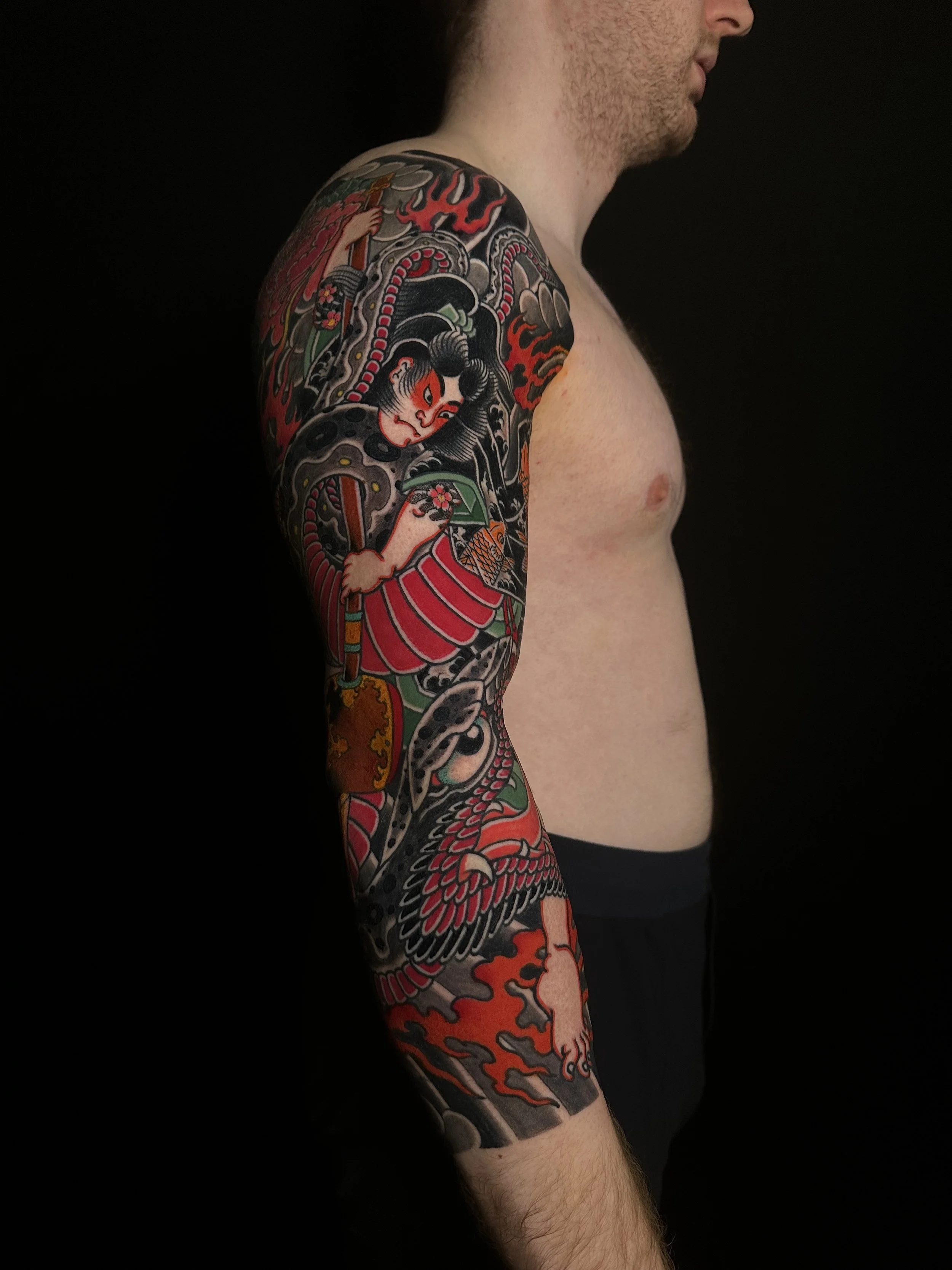 Japanese Samurai and Snake Arm Sleeve Tattoo by TomTom at Sunset Tattoo in Auckland, New Zealand