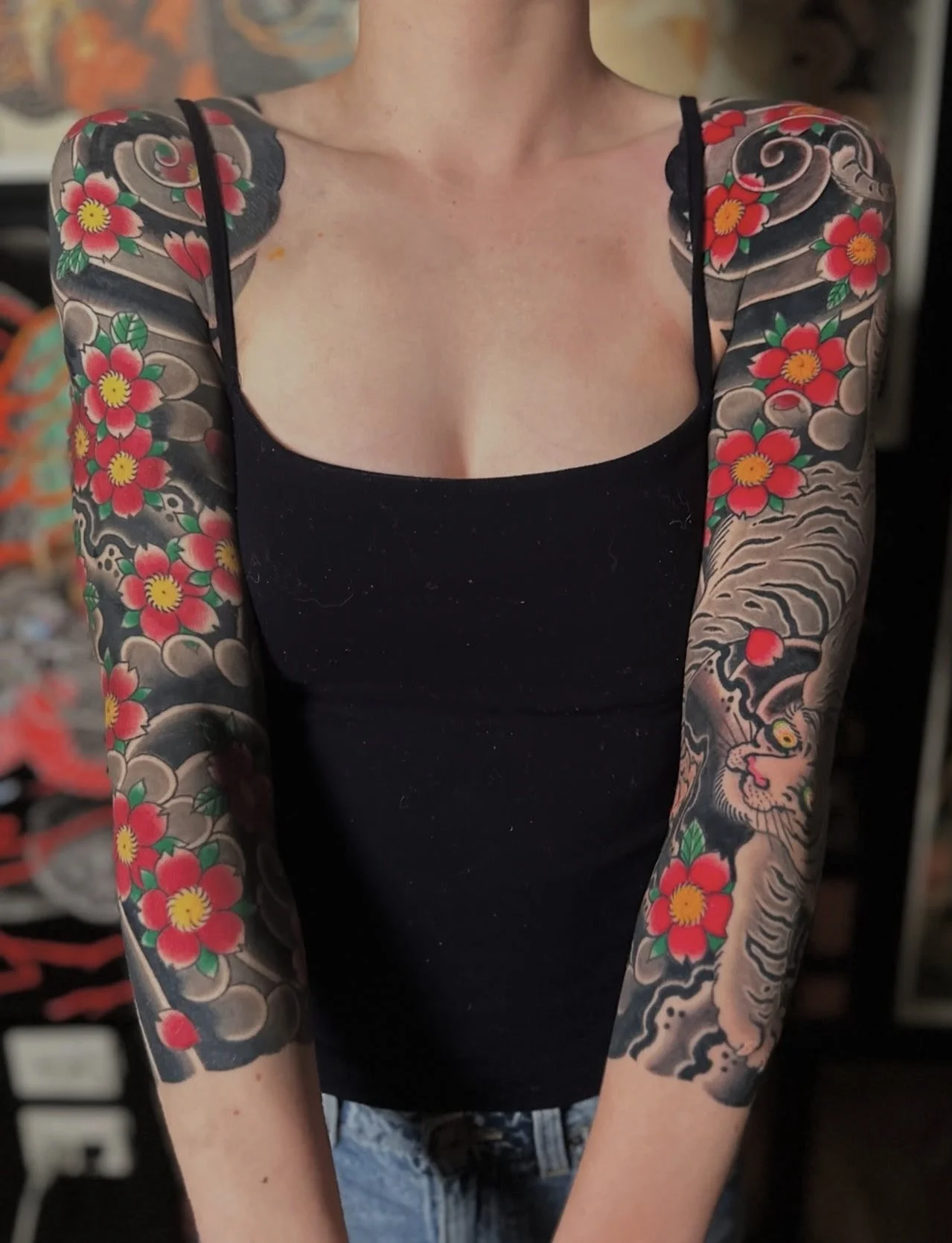 Japanese Tiger and Sakura Arm Sleeve Tattoo by TomTom at Sunset Tattoo in Auckland, New Zealand