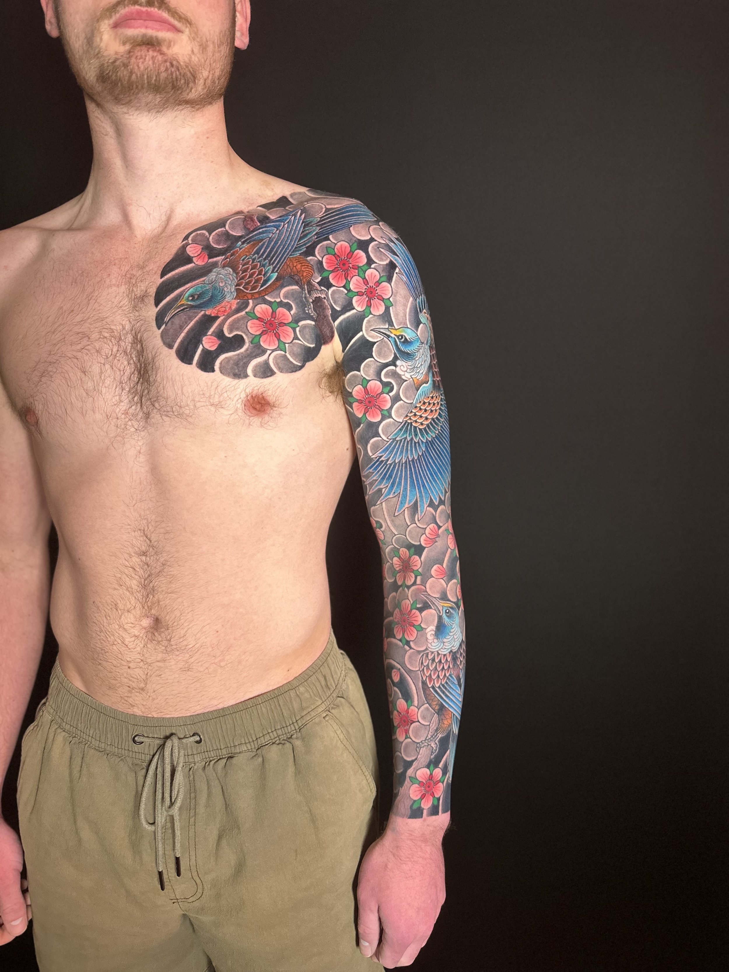 Japanese Tui Arm Sleeve Tattoo by TomTom at Sunset Tattoo in Auckland, New Zealand