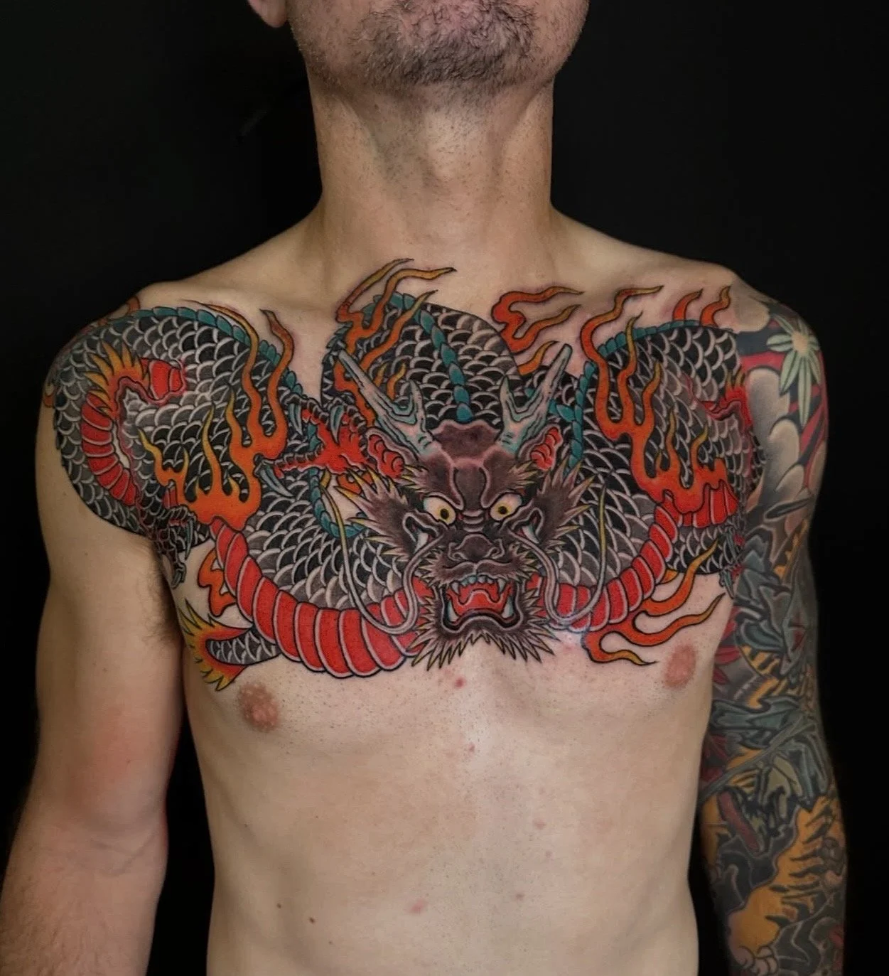 Dragon Japanese Chest Tattoo by TomTom at Sunset Tattoo in Auckland, New Zealand