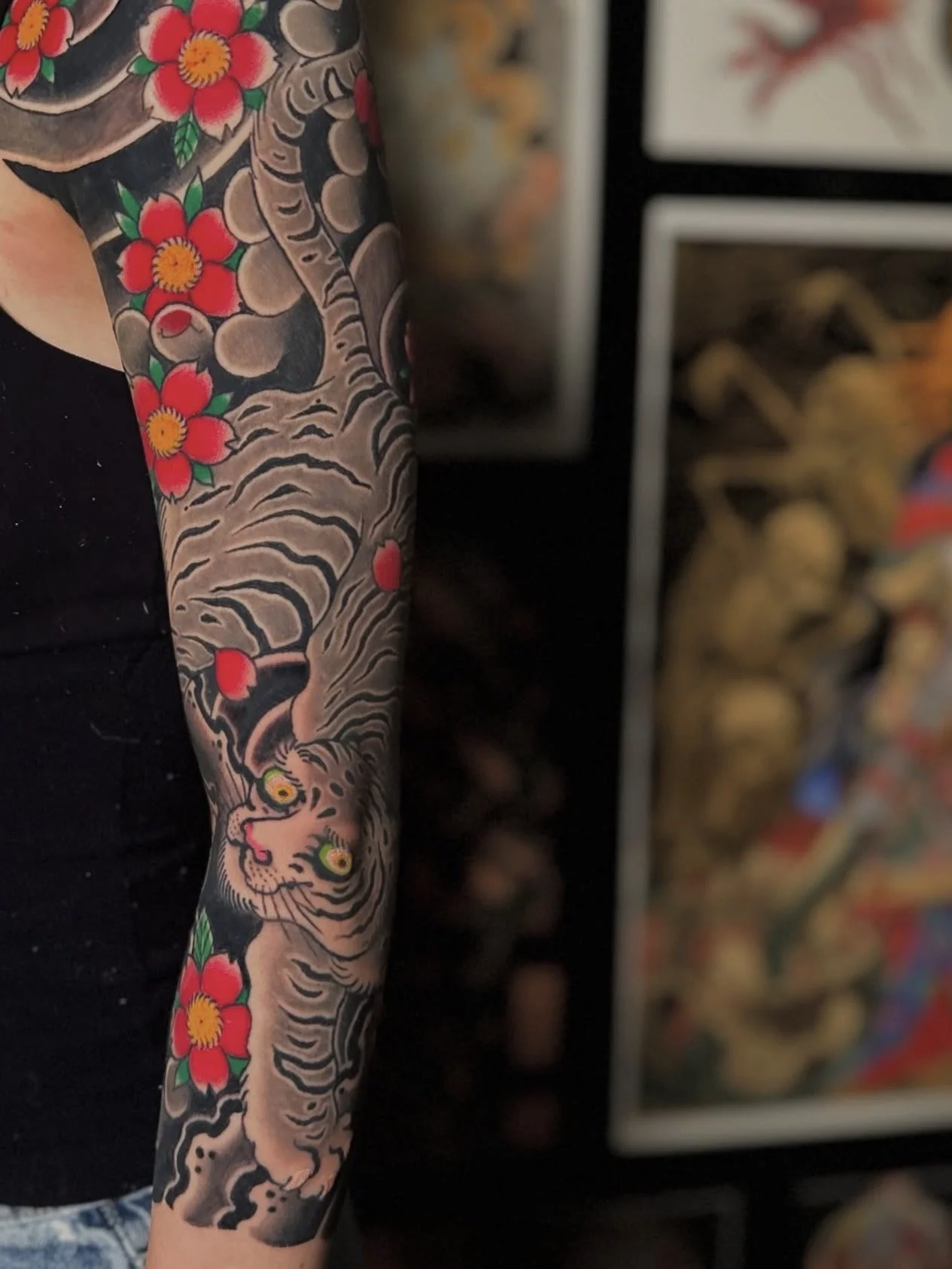 Japanese Tiger and Sakura Arm Sleeve Tattoo by TomTom at Sunset Tattoo in Auckland, New Zealand