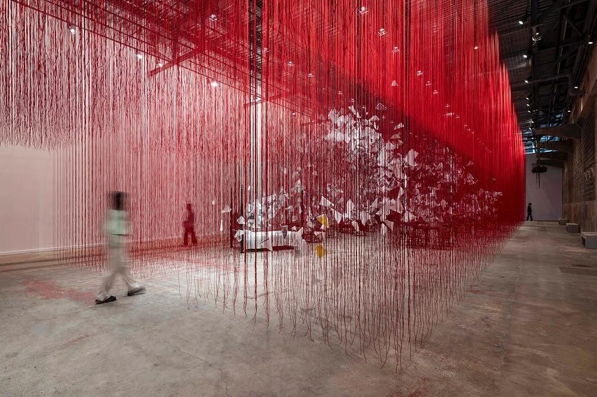 While the red rope is the color of blood and therefore the human body in creates a sense of connection. Everything is in our blood: family, nationality, religion, culture. It is something we share but this can also separate us like a border. While th