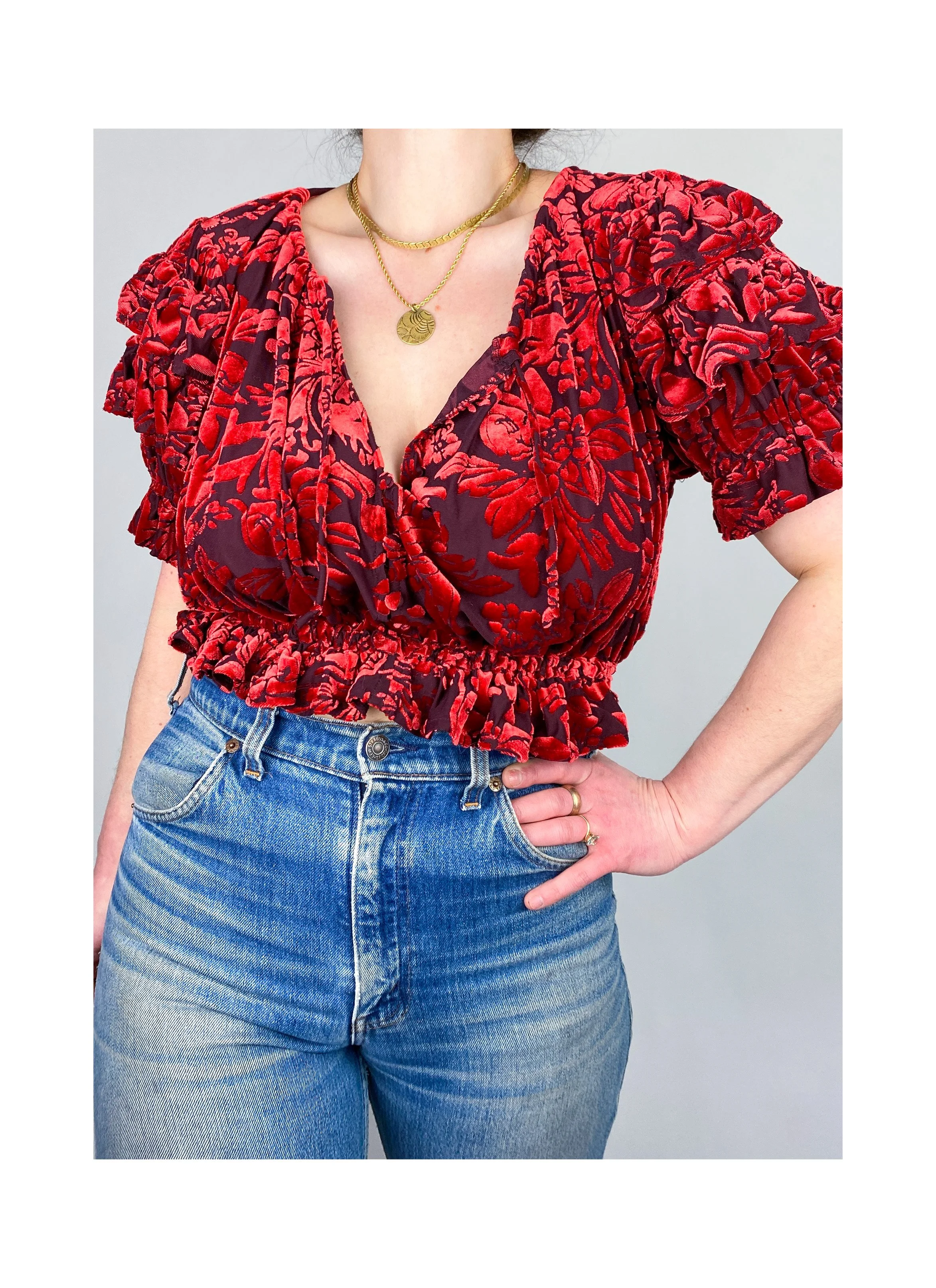 Free People Cherry Red Velveteen Ruffle Crop Top