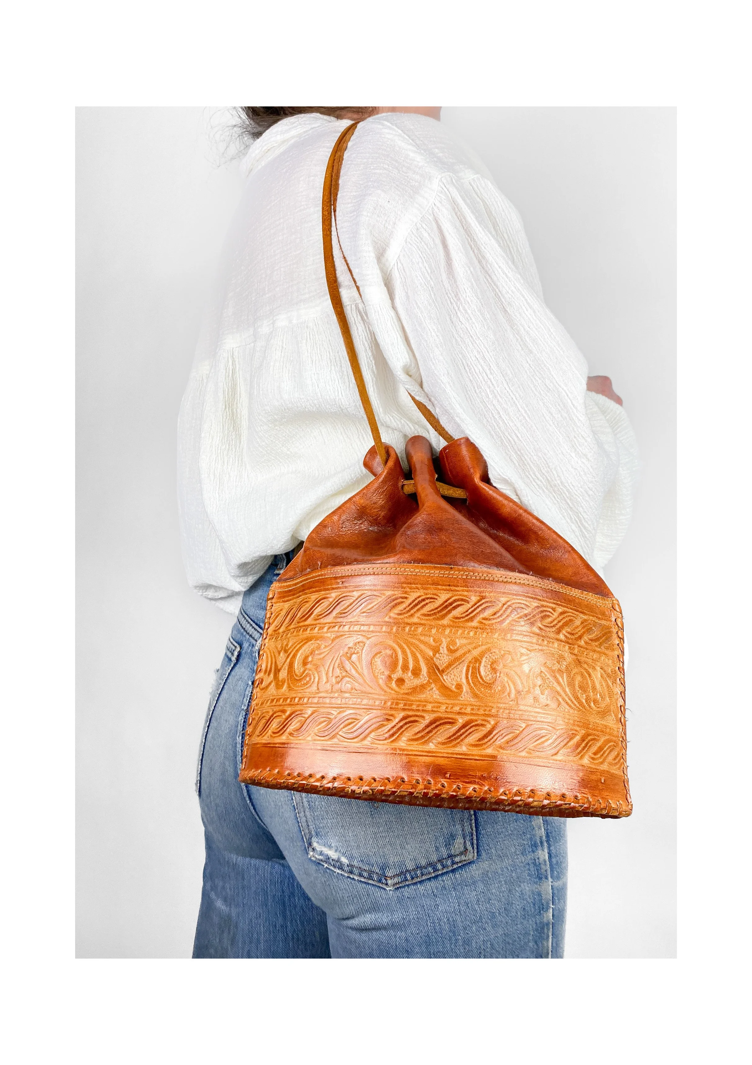 Vintage Tooled Leather Bucket Bag