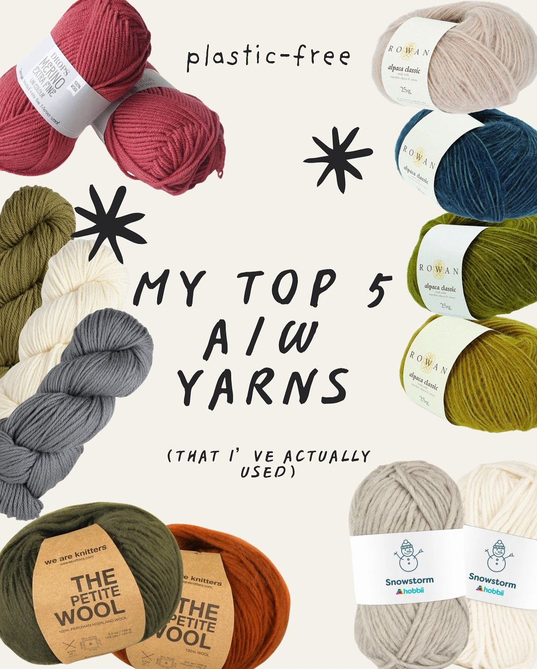I&rsquo;ve been using plastic-free yarn for quite a few years now, and there&rsquo;s still so much I&rsquo;m learning.

Here are just a few I&rsquo;ve used and would recommend including:
@weareknitters 
@cascadeyarns 
@rowanyarns 
@hobbii_yarn 
@drop