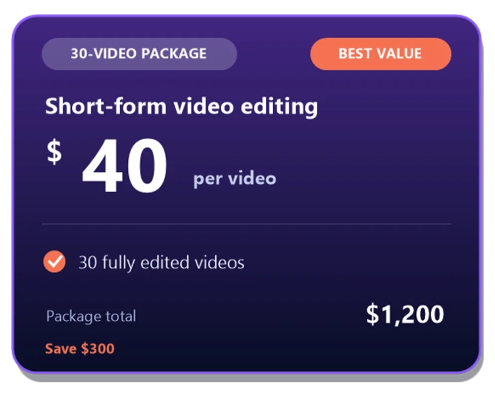 Thirty-video short-form editing package — $40 per video, $1,200 total
