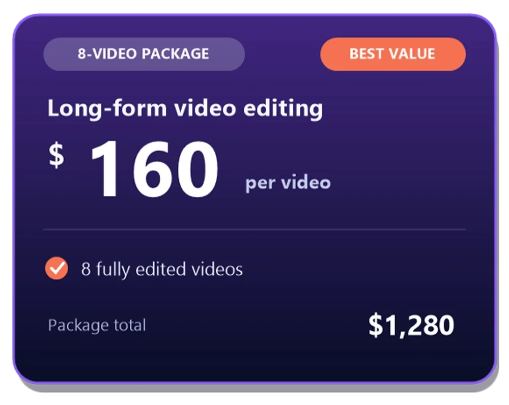 Eight-video long-form editing package — $160 per video, $1,280 total
