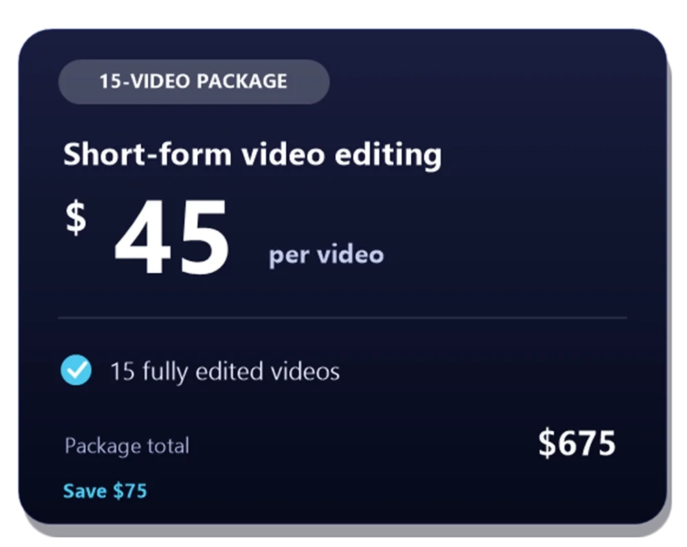 Fifteen-video short-form editing package — $45 per video, $675 total