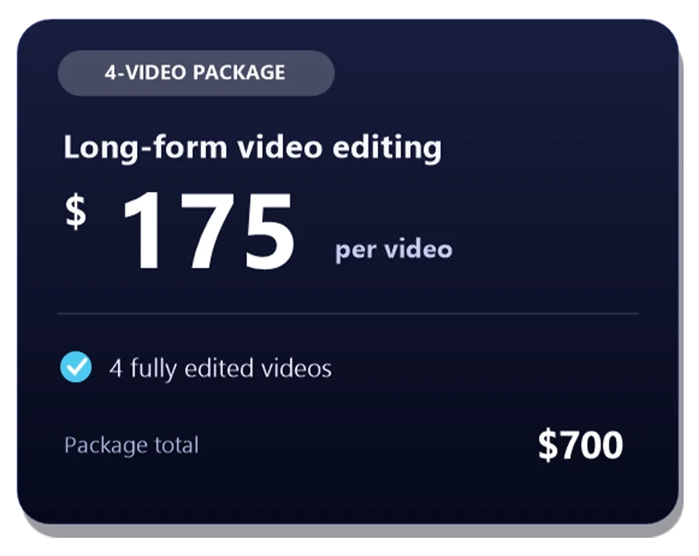 Four-video long-form editing package — $175 per video, $700 total