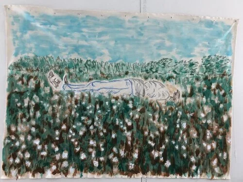 Self Portrait in Cotton 1. 48" x 76." Gouache, oil pastel and dirt.  Photograph by Nash Baker