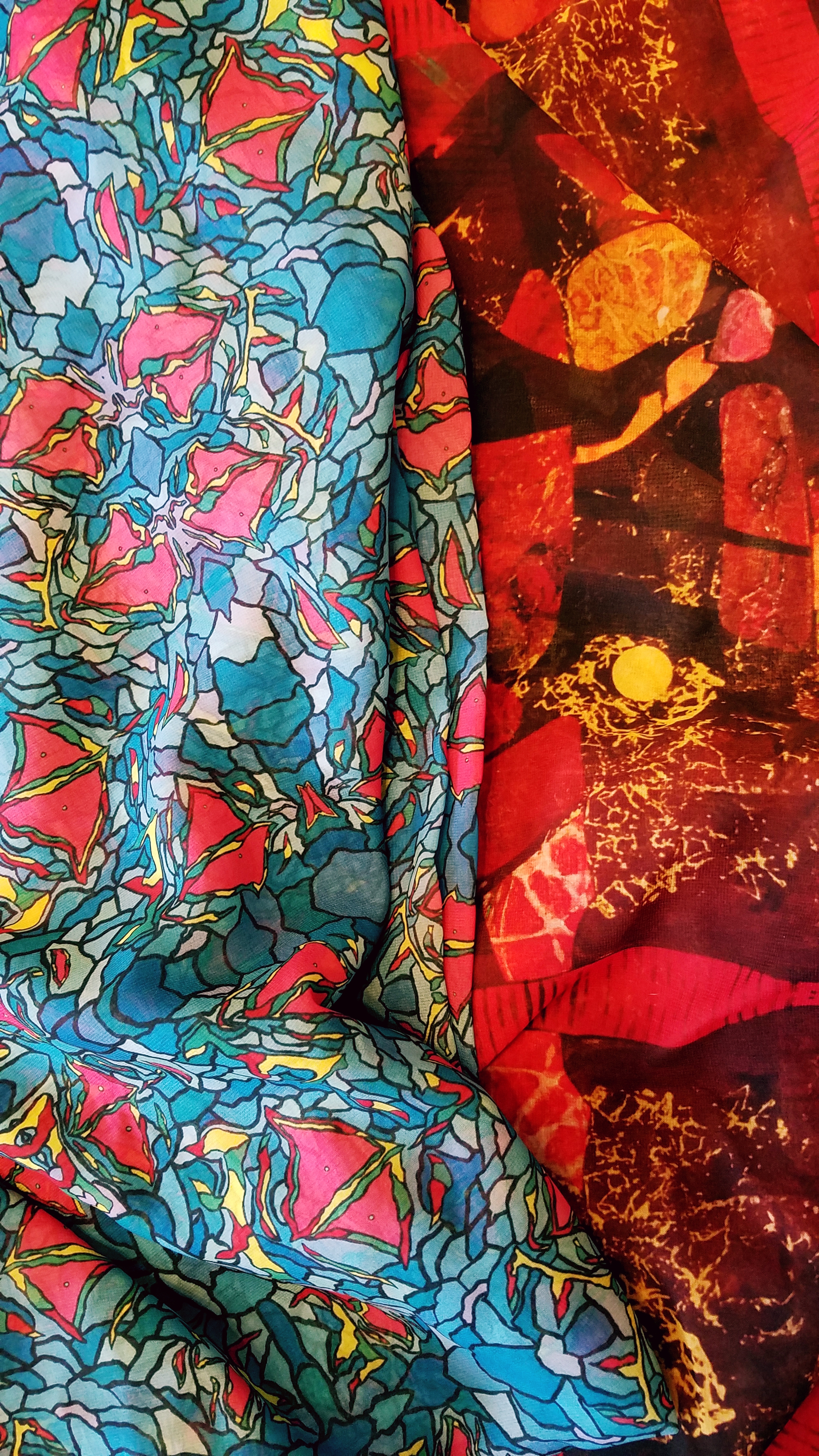  Art printed on sheer fabric for kimono style tops. 
