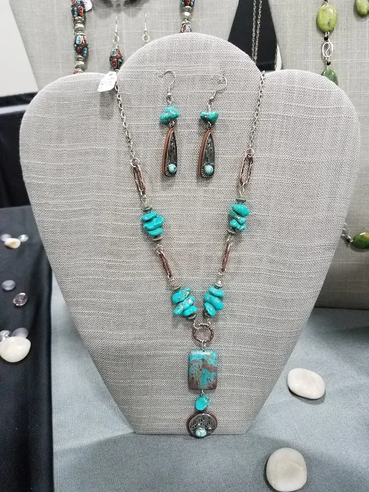 Jasper Pendant with Turquoise Chip Bead Necklace