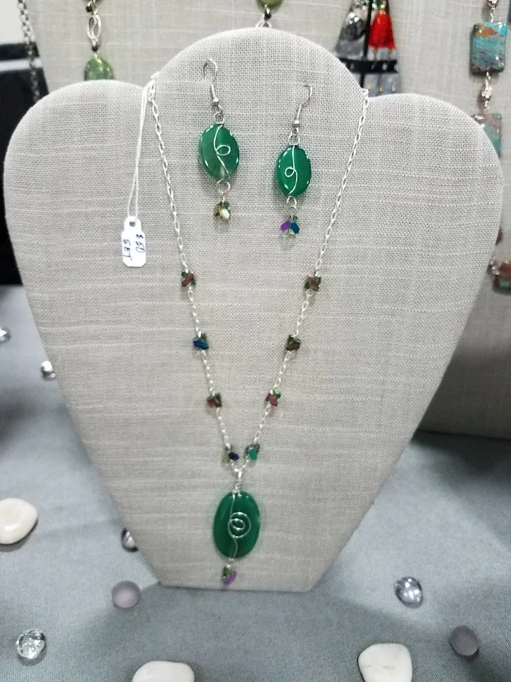 Green aventurine and rainbow crystal necklace and earring set