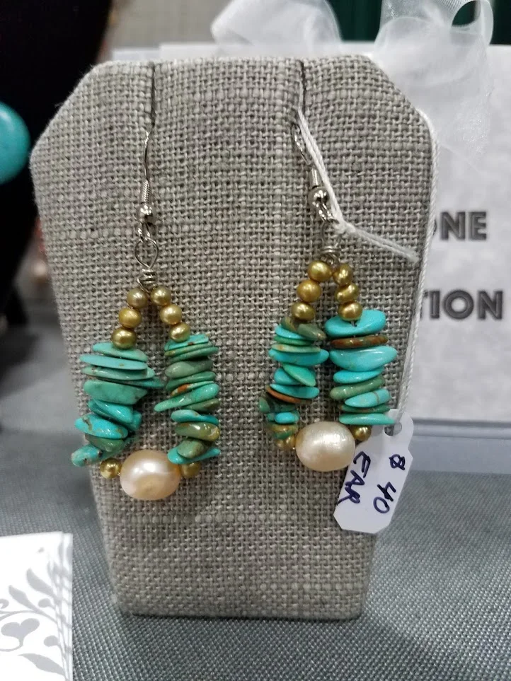 Freshwater pearl and turquoise chip earrings. 