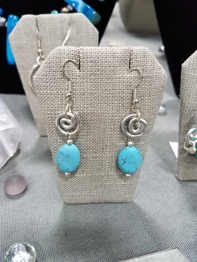 Reconstituted Turquoise Bead and Aluminum Curl Earrings