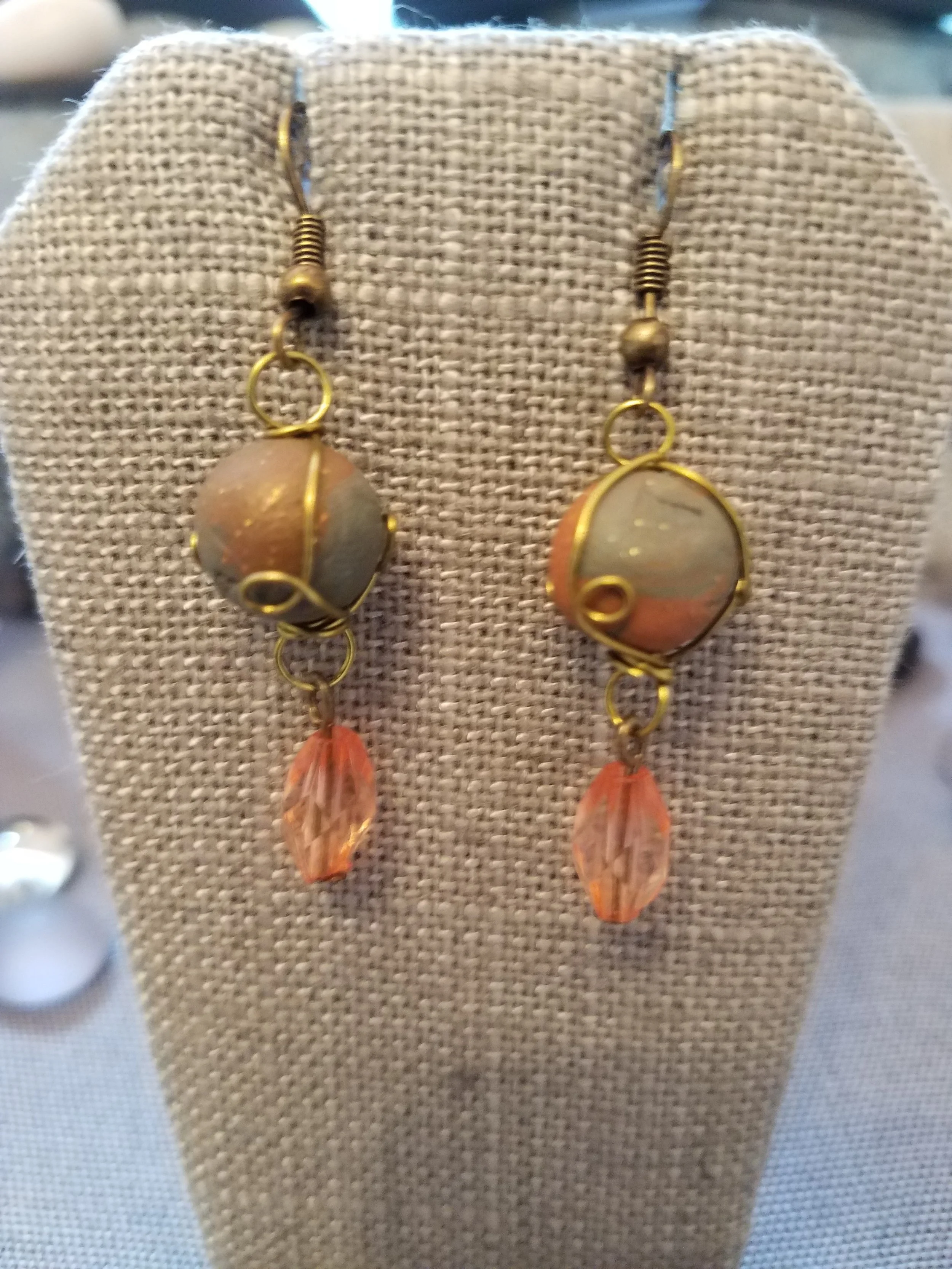 Green and gold polymer clay and peach crystals