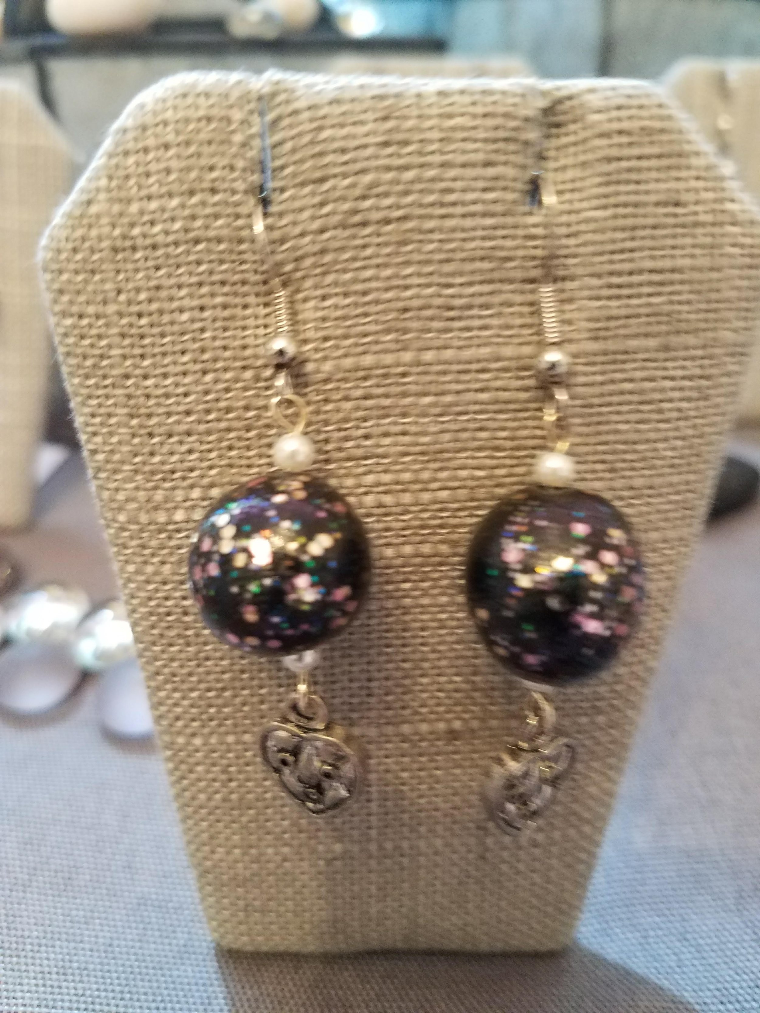 Black sparkle polymer clay drop silver heart 