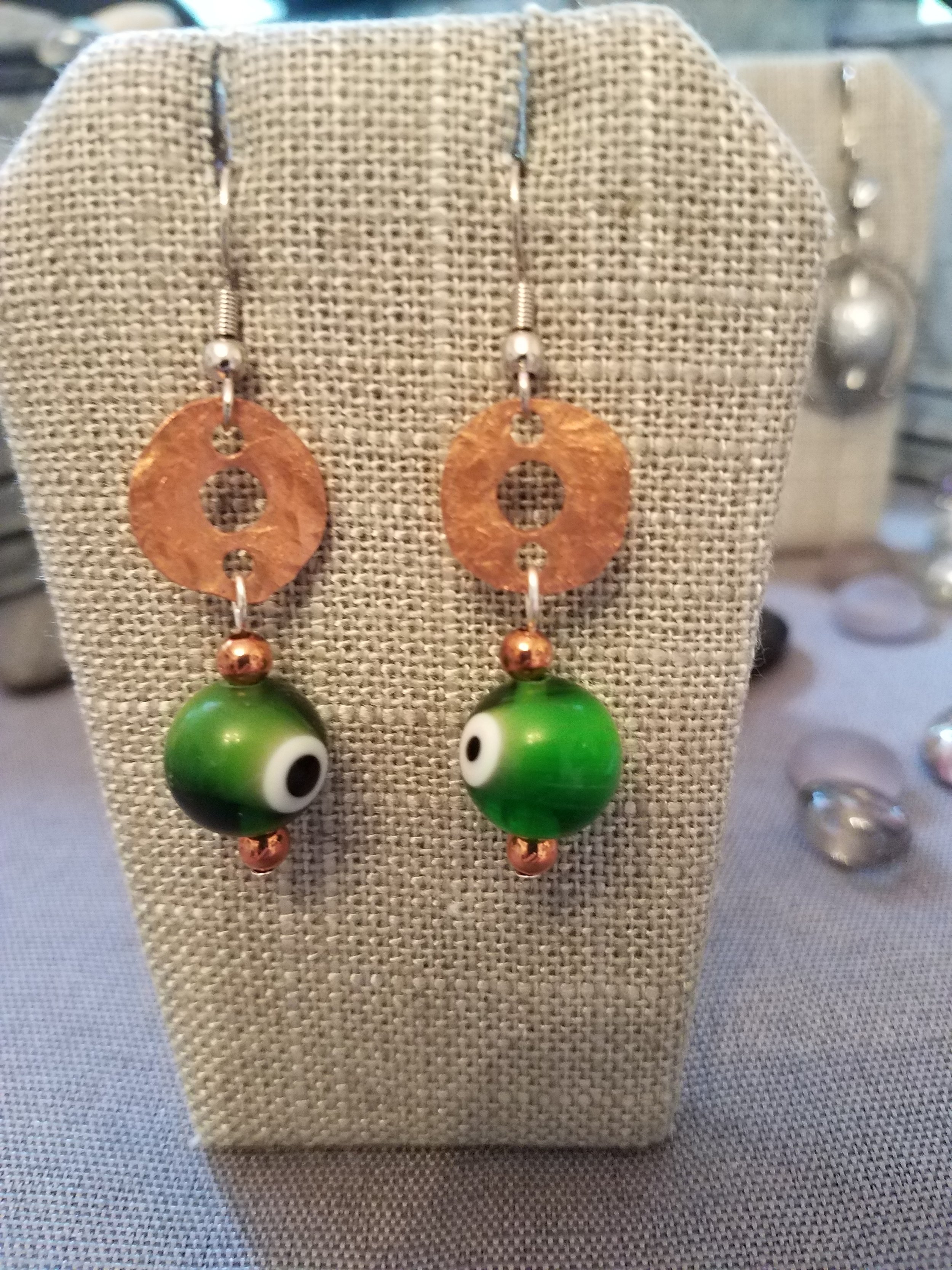 Green Millefiori bead wand copper washer