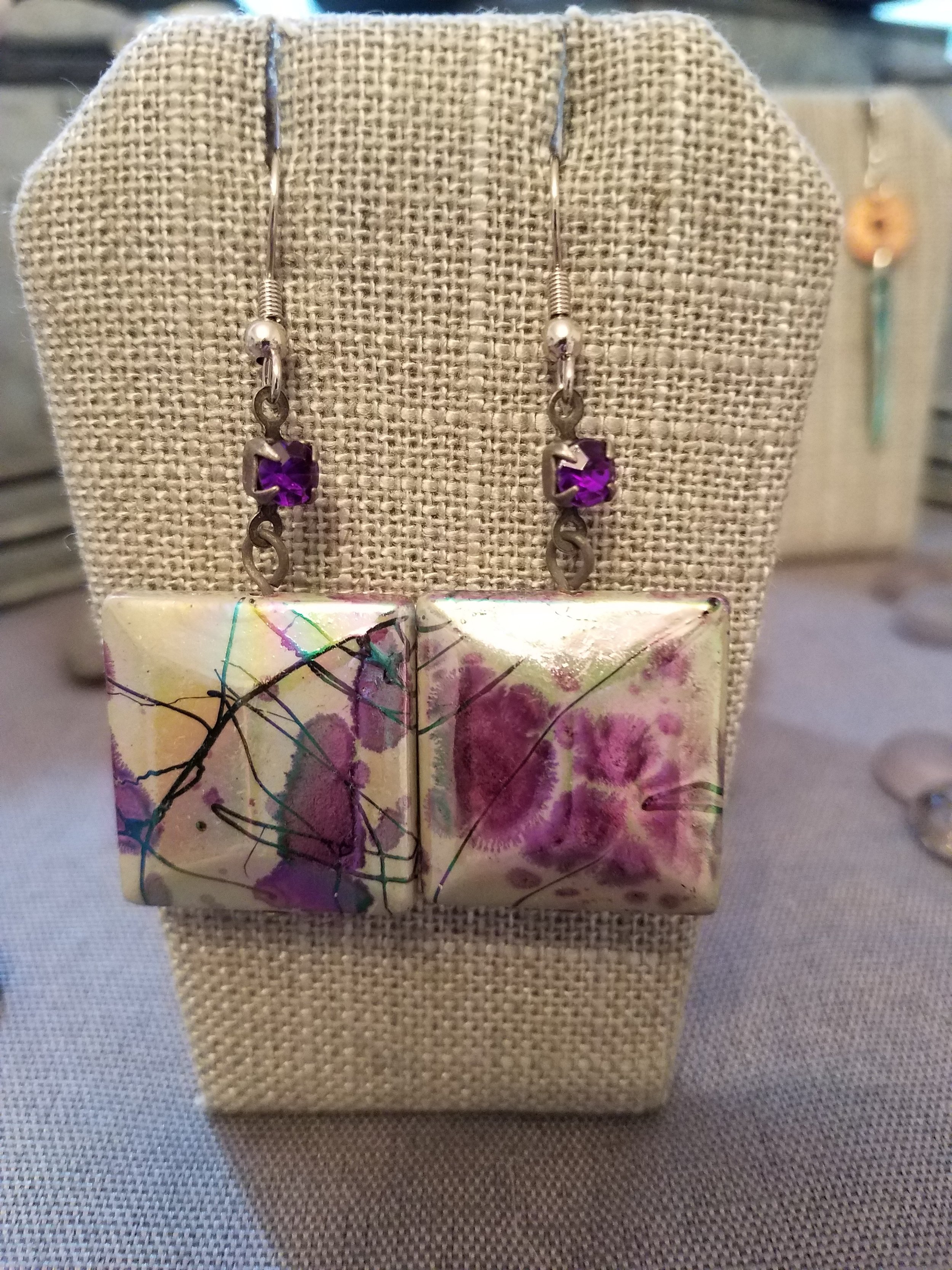 Square multi purple  paper mache bead with purple crystal