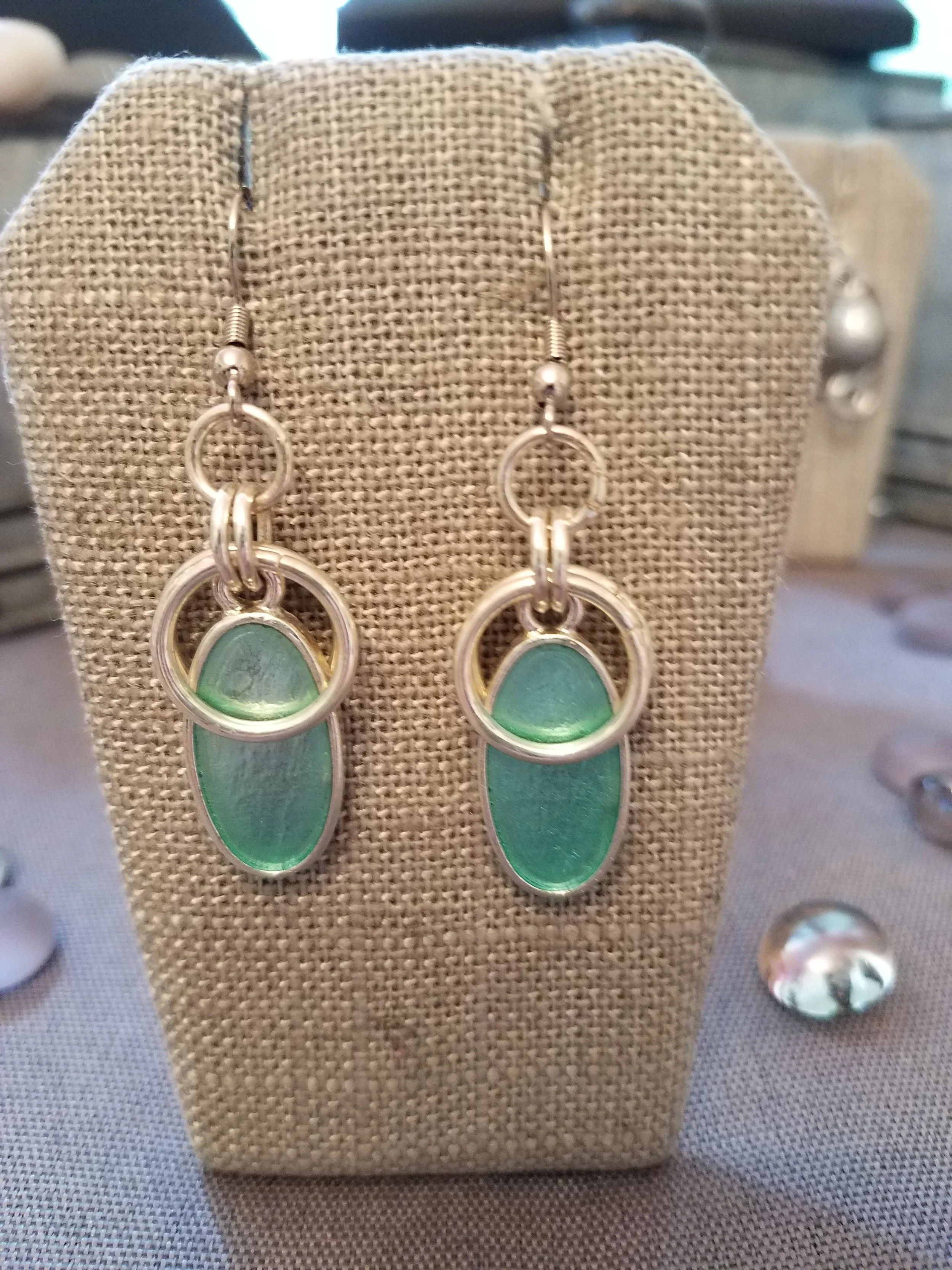 Aqua enamel drop and silver rings