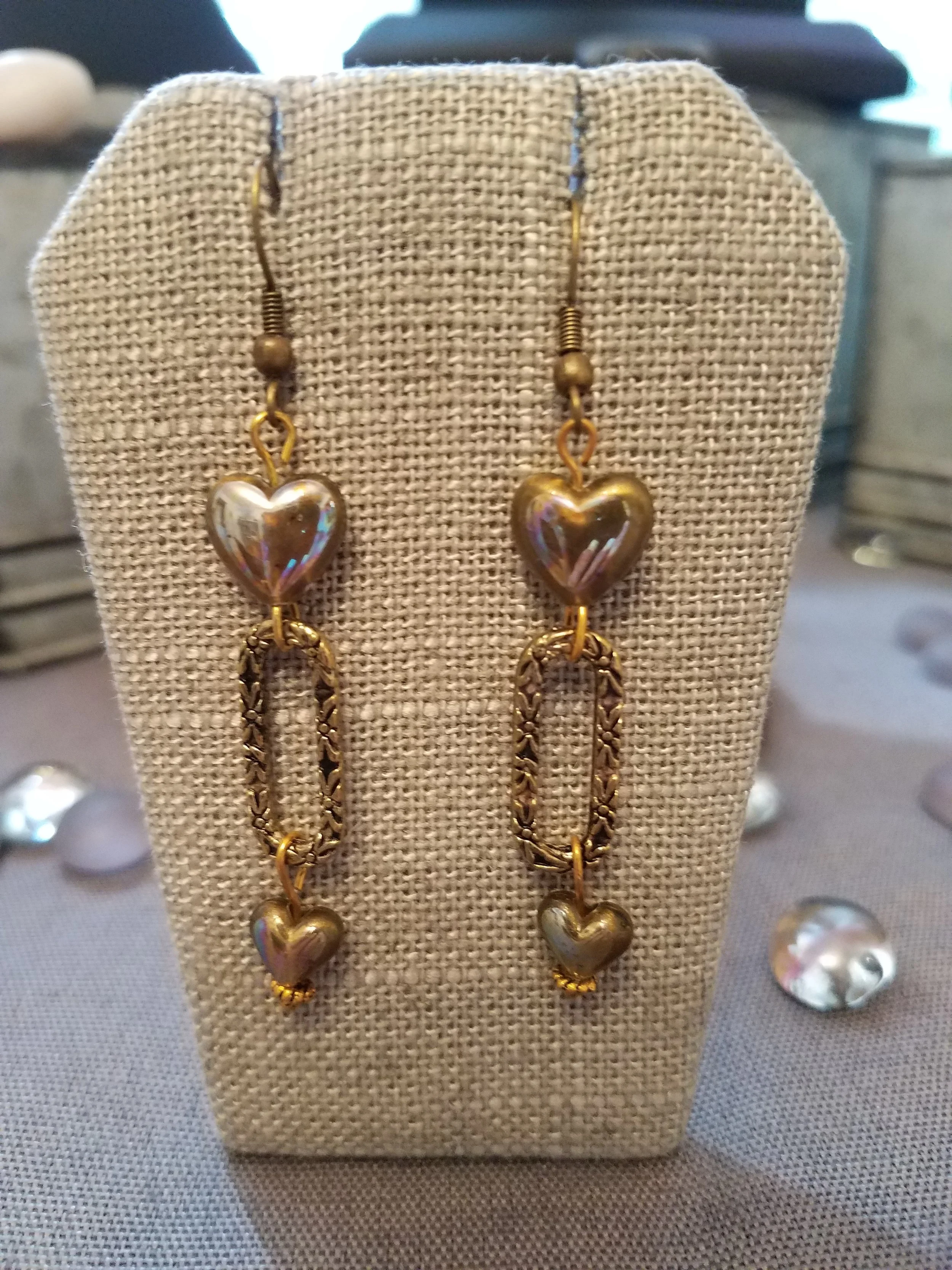 Antique gold oblong link with heart beads