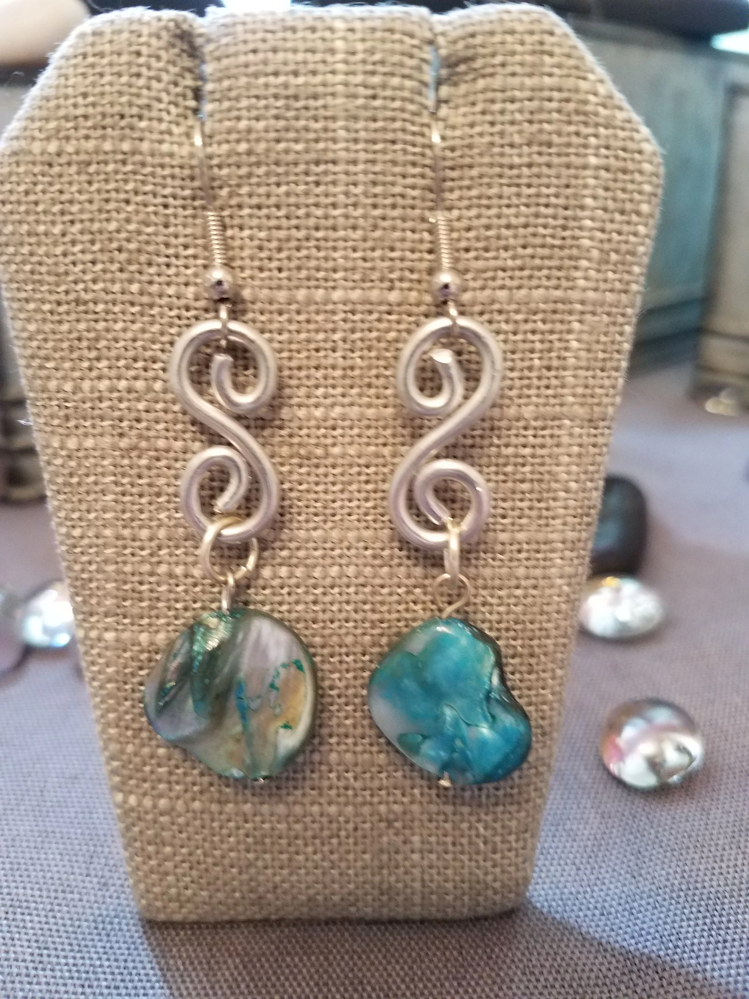 Aqua mother of pearl shell and silver curls