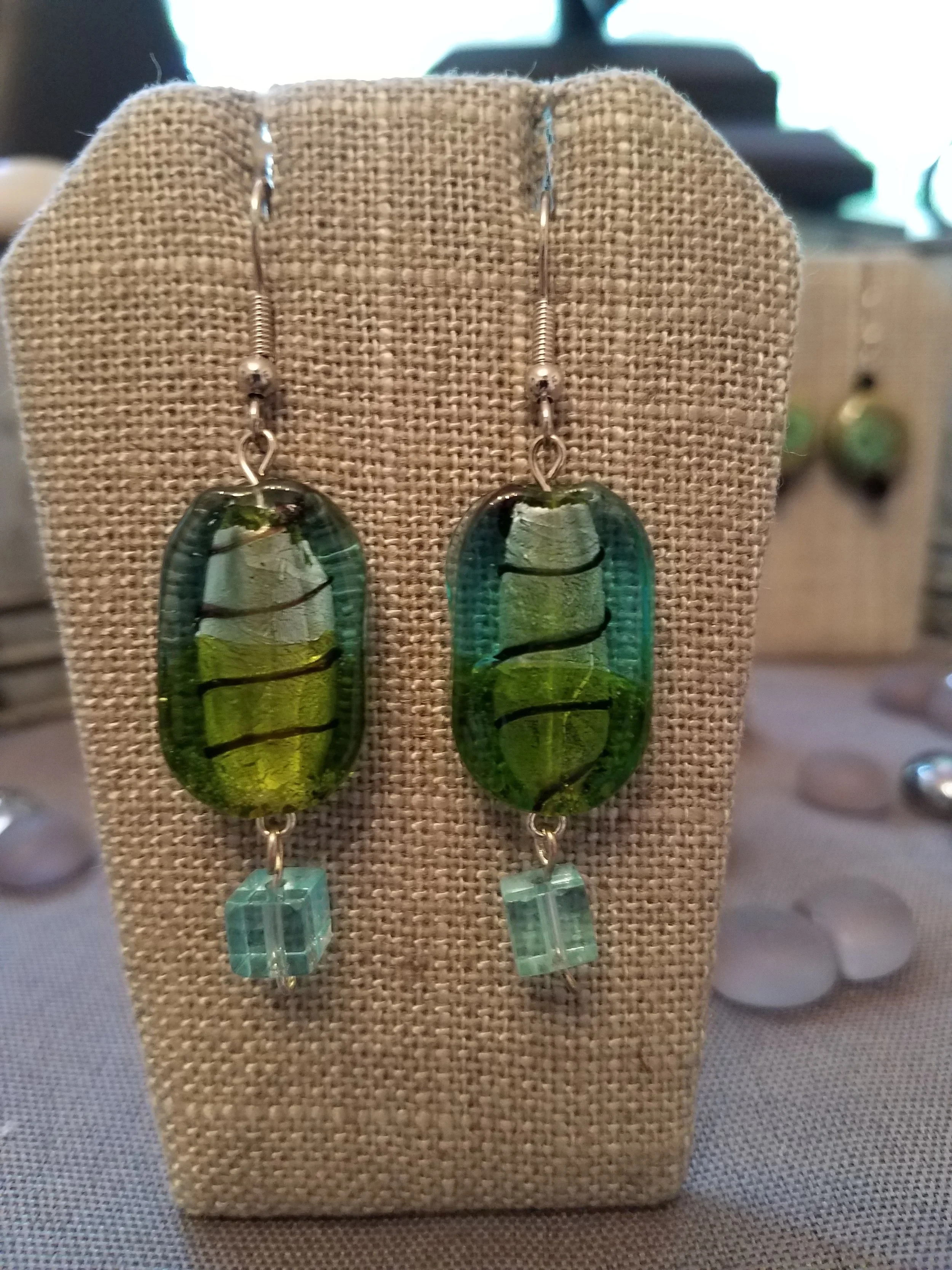 Aqua and green murano glass bead with square aqua crystal