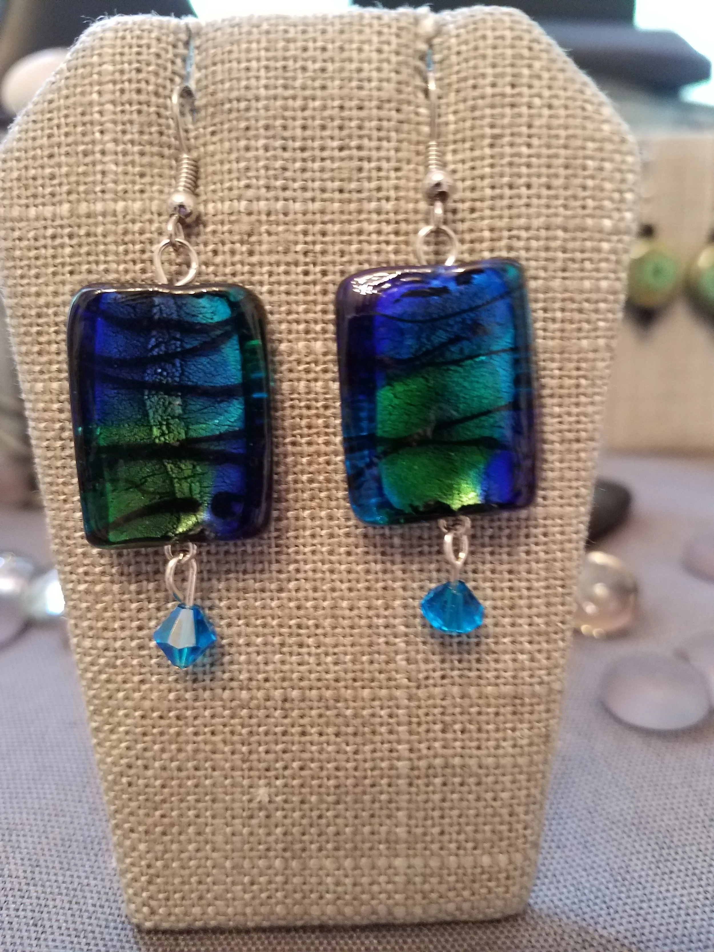 Cobalt and teal murano glass bead with blue crystals