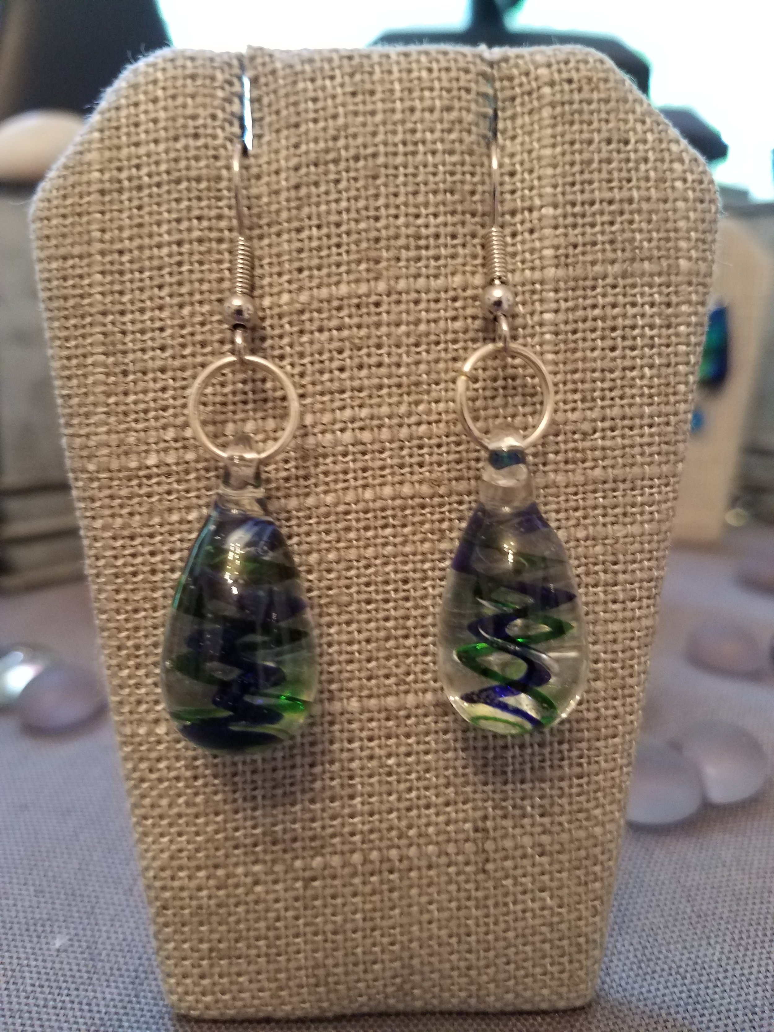 Cobalt and green lampwork swirl drop